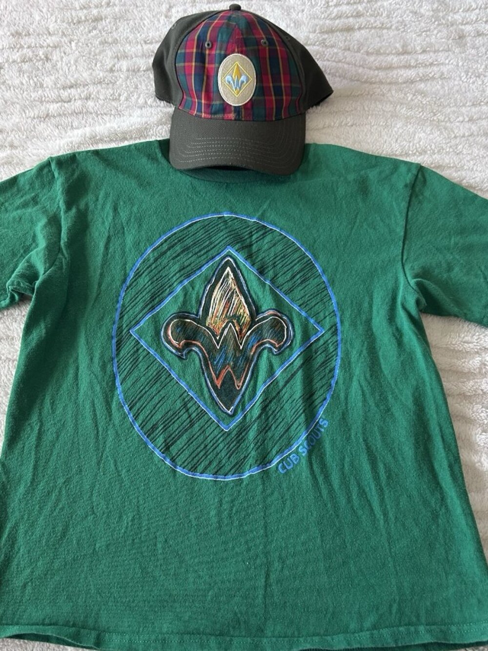 Official Cub Scouts Webelos Shirt & Plaid Hat Set - Boys Size Medium Green